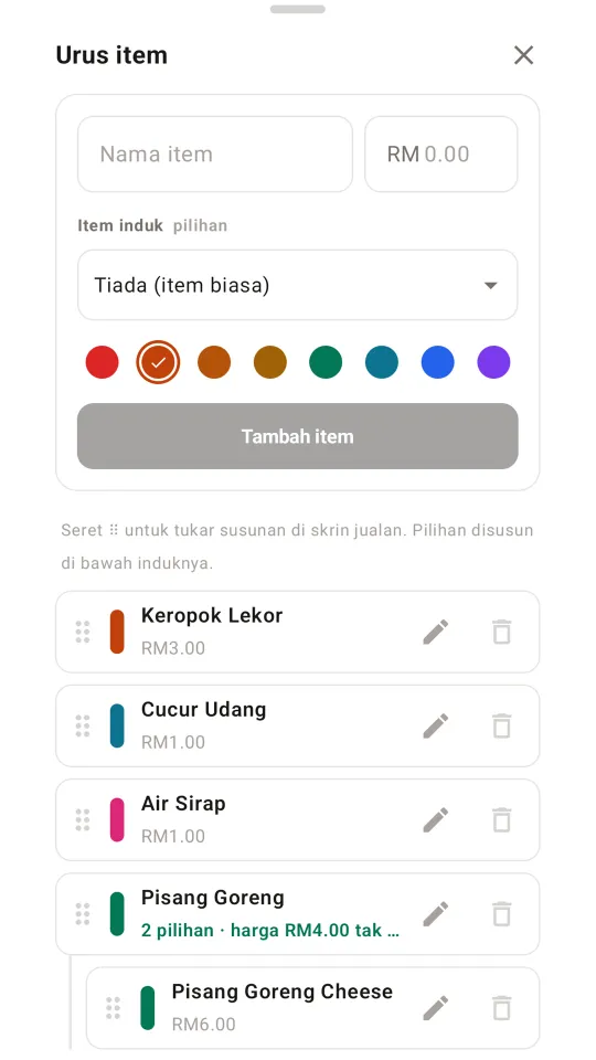 Urus item: tambah menu, harga dan warna
